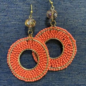 Beaded coral hoop earrings